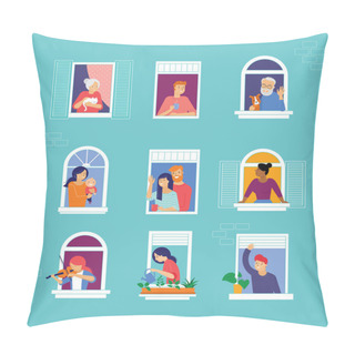 Personality  Stay At Home, Concept Design. Different Types Of People, Family, Neighbors In Their Own Houses. Self Isolation, Quarantine During The Coronavirus Outbreak. Vector Flat Style Illustration Stock Pillow Covers