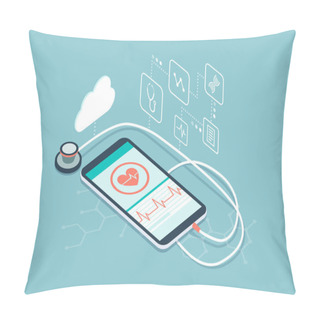 Personality  Digital Stethoscope Connected To A Smartphone And Icons: Innovative Medical Diagnosis And Technology Concept Pillow Covers