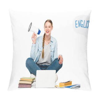 Personality  Smiling Girl Sitting On Floor With Loudspeaker Near Laptop, Books And Copybooks, English Lettering In Speech Bubble Isolated On White Pillow Covers