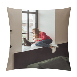 Personality  Young Woman Sitting On Window Sill And Looking At Window Near Cute Cat Pillow Covers
