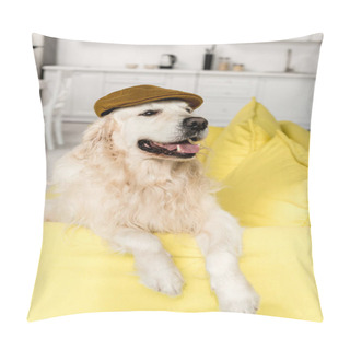 Personality   Cute Golden Retriever In Cap Lying On Yellow Sofa And Looking Away  Pillow Covers