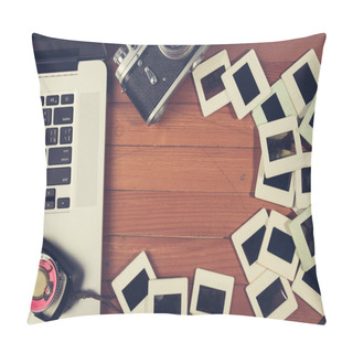 Personality  Composition Of Old Photo Camera, Laptop And Photo Slides Pillow Covers