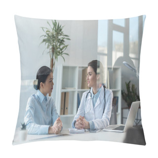 Personality  Doctor Talking With Patient At Office Pillow Covers