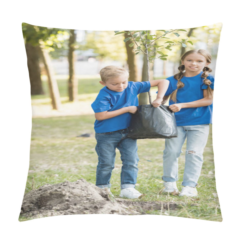 Personality  Brother And Sister Carrying Young Seedling In Park, Ecology Concept Pillow Covers