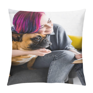 Personality  Girl With Colorful Hair Hugging Bulldog, Smiling And Holding Book  Pillow Covers