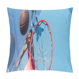 Personality  Top View Of African American Sportsman Throwing Basketball Ball In Hoop On Playground, Banner  Pillow Covers