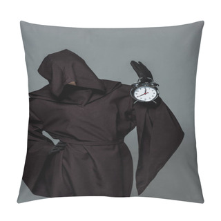 Personality  Woman In Death Costume Holding Alarm Clock Isolated On Grey Pillow Covers