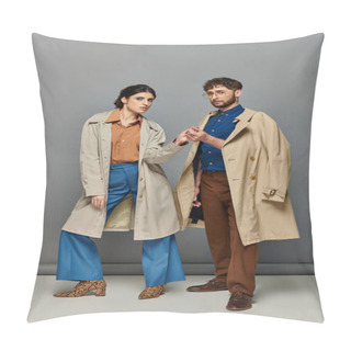 Personality  Romance, Couple In Trench Coats, Fashion Shot, Man And Woman, Outerwear, Grey Background, Style Pillow Covers
