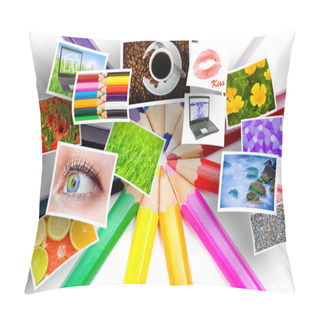Personality  Color Pencils In Arrange In Color Wheel Colors And Several Photos On White Background Pillow Covers
