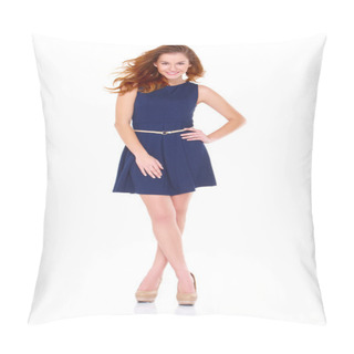 Personality  Cute Young Woman In Navy Blue Dress On White Pillow Covers