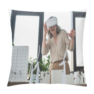 Personality  Businesswoman Using Vr Headset Near Blurred Models Of Building In Office  Pillow Covers