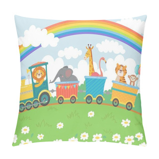 Personality  Cartoon Animals Travel. Zoo Train, Cute Animal Trains Journey And Funny Pets Traveling On Locomotive Vector Background Illustration Pillow Covers