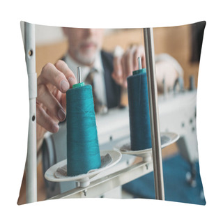 Personality  Cropped Image Of Senior Tailor Touching Spool Of Thread On Sewing Machine At Sewing Workshop Pillow Covers