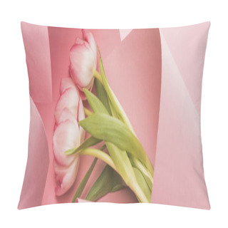 Personality  Blooming Spring Tulips Wrapped In Pink Paper Swirls, Panoramic Shot Pillow Covers