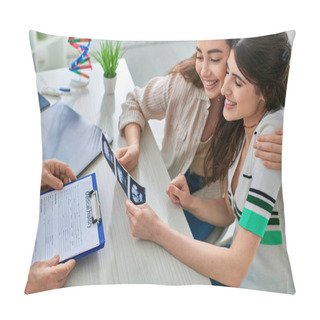 Personality  Lgbt Couple Smiling Hugging And Looking At Ultrasound Of Their Baby, In Vitro Fertilization Concept Pillow Covers