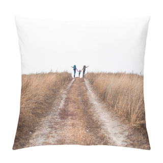Personality  Family With Backpacks Running On Rural Path Pillow Covers