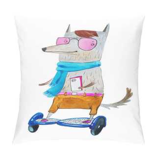 Personality  Watercolor Sketch Of Hipster Dog With Trendy Hairstyle, Pink Glasses And Stylish Clothes Riding On A Hoverboard Holding Smartphone Pillow Covers