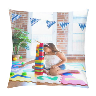Personality  Adorable Toddler Playing With Building Blocks Toy Around Lots Of Toys At Kindergarten Pillow Covers