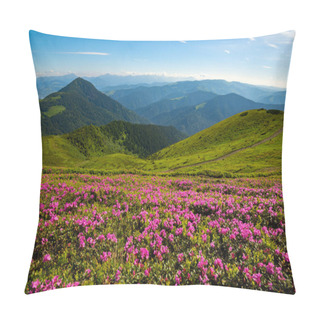 Personality  Awesome View In The Mountains - Flowering Pink Rhododendrons On Green Slopes On The Background Of Wooded Hills Stretching To The Horizon Under Blue Sky On The Sunny Morning. Wide Angle. Pillow Covers