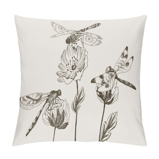 Personality  Set Of Vector Flowers With Black And White Hand Drawn Dragonfly In Sketch Style. Botanical Illustration For Your Design Pillow Covers