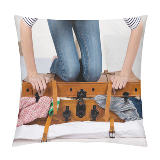 Personality  Young Woman Packing Suitcase On Bed Pillow Covers