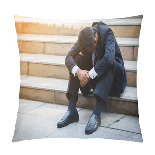 Personality  Stressed Businessman Sitting At Stairway.Bankrupt Businessman Si Pillow Covers