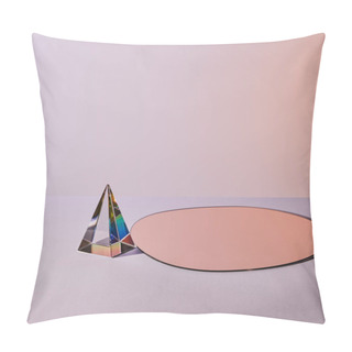 Personality  Crystal Transparent Pyramid And Round Mirror On Violet Background Pillow Covers