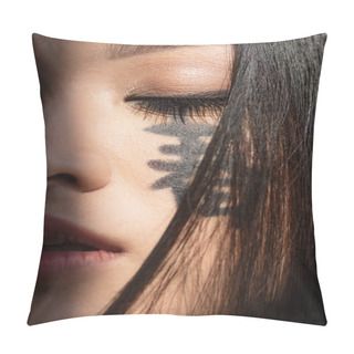 Personality  Close Up View Of Japanese Woman With Hieroglyphs And Closed Eye Pillow Covers