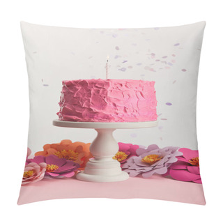 Personality  Delicious Pink Birthday Cake With Candle On Cake Stand Near Paper Flowers And Confetti On Grey Pillow Covers