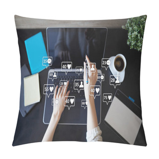 Personality  SMM, Likes, Followers And Message Icons On Virtual Screen. Social Media Marketing. Business And Internet Concept. Pillow Covers