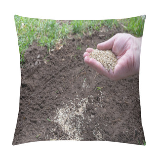 Personality  Hand Full Of Grass Seeds Above An Area Of The Lawn With No Grass. Pillow Covers