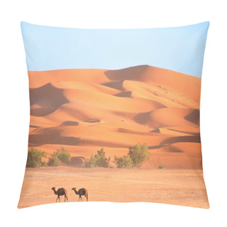 Personality  Two Camels In Sahara Desert, Morocco, Africa. Dromedaries Go Near The Sand Dunes On Blue Sky Background Pillow Covers