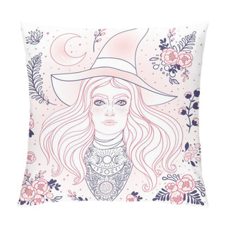 Personality  Wiccan Witch. Vector Illustration In Black And White. Young Woman With Long Blond Hair And Magic Hat. Alchemy, Tattoo Art, T-shirt Design, Adult Magic Coloring Book. Pillow Covers