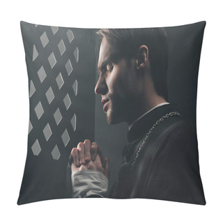 Personality  Young Thoughtful Catholic Priest Praying With Closed Eyes In Dark Near Confessional Grille With Rays Of Light Pillow Covers
