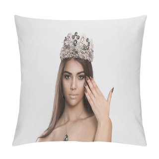 Personality  Beauty Queen Pageant Winner Girl With Tiara Placing Adjusting Hair Hand On Hair Head  Showing Her Manicure Matching With Burgundy Vinous Color Lips Looking At You Camera Isolated Grey White Background Pillow Covers