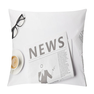 Personality  Top View Of Eyeglasses, Coffee Cup And Newspapers, On White Pillow Covers