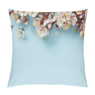Personality  Top View Of Tree Branch With Blossoming Flowers On Blue Background Pillow Covers