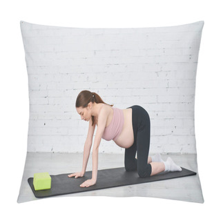 Personality  A Pregnant Woman Engages In A Plank Exercise While Being Guided By Her Coach During Parents Courses. Pillow Covers