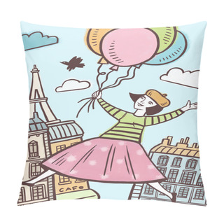 Personality  Girl On The Balloons Flying Over Paris Pillow Covers