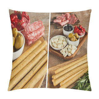 Personality  Collage Of Antipasto Ingredients On Boards On Wooden Background  Pillow Covers