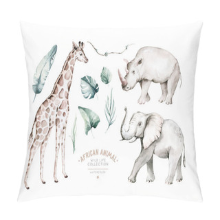 Personality  Watercolor Frican Elephant Animal, Giraffe Andrhinoceros Isolated On White Background. Savannah Rhipo Wildlife Cartoon Zoo Safari Poster. Jungle Decoration. Pillow Covers