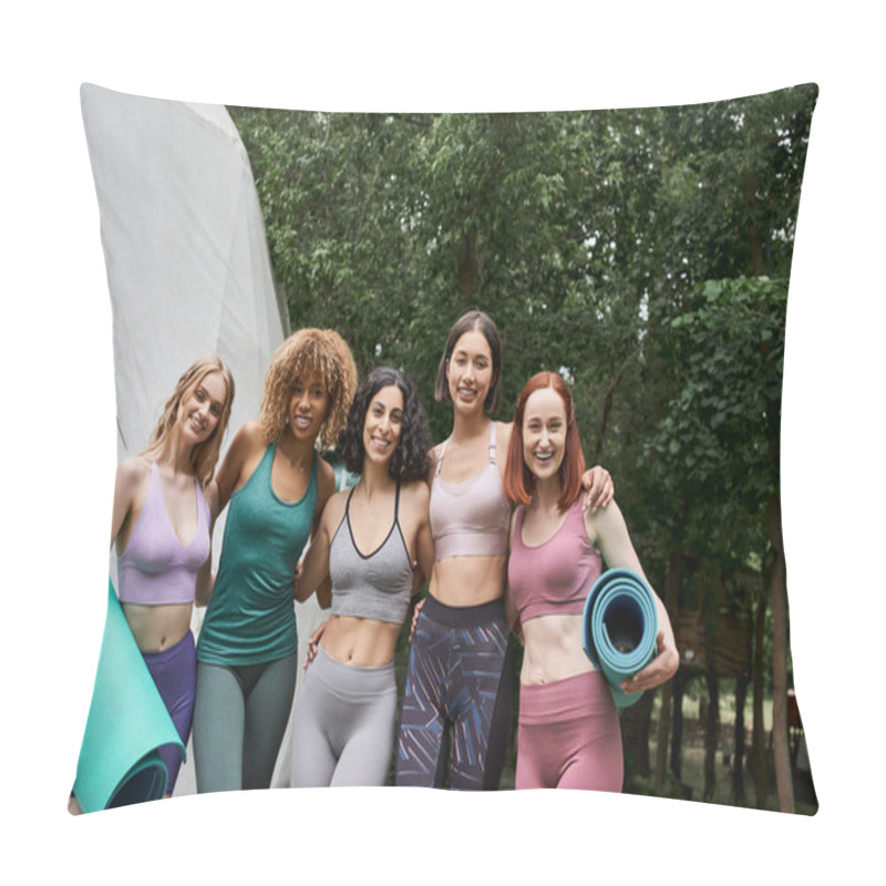 Personality  Positive Multiethnic Girlfriends In Sportswear Holding Yoga Mats And Smiling At Camera, Park Pillow Covers