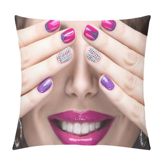 Personality  Beautiful Girl With A Bright Evening Make-up And Pink Manicure With Rhinestones. Nail Design. Beauty Face. Pillow Covers