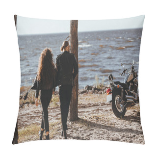 Personality  Back View Of Couple Holding Hands And Walking On Seashore, Cruiser Motorcycle Standing Near Pillow Covers