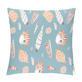 Personality  Diverse Tropical Beach Sea Shell Seamless Pattern. Summer Marine Animal Background Design. Vacation Travel Concept. Ocean Snail Collection Flat Cartoon Backdrop Illustration. Pillow Covers