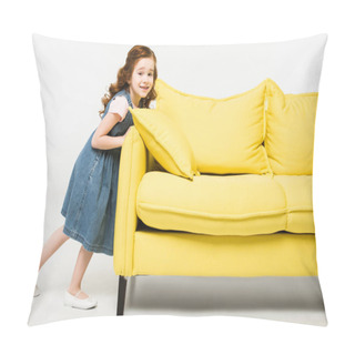 Personality  Stylish Little Kid In Dress Pushing Sofa Isolated On White Pillow Covers