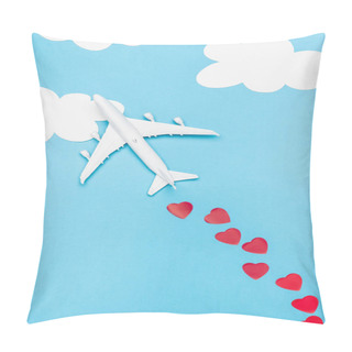 Personality  Top View Of Plane Model And Red Hearts On Blue Background With White Clouds Pillow Covers