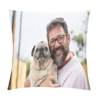Personality  Funny And Happy Portrait Of Young Handsome Adult Man And Best Friend Forever Together Dog Pug Both Looking On Camera Pillow Covers