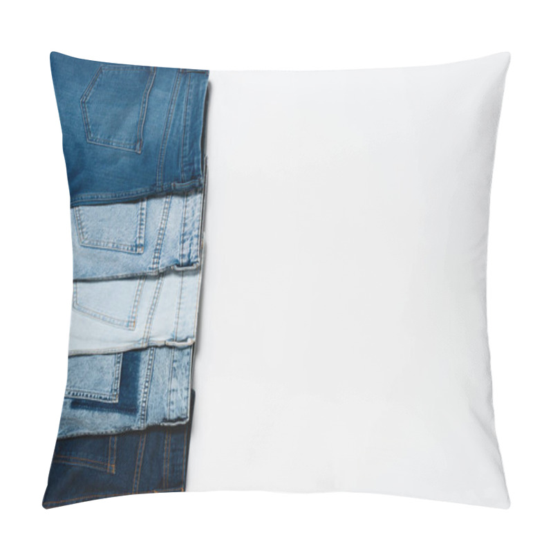 Personality  Top View Of Various Blue Jeans On White Background With Copy Space Pillow Covers