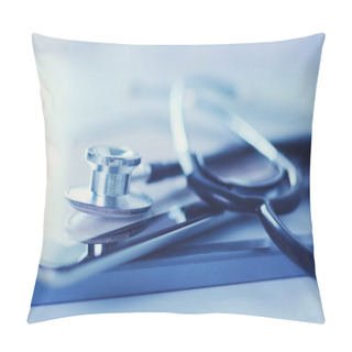 Personality  Medical Equipment: Blue Stethoscope And Tablet On White Background. Medical Equipment Pillow Covers